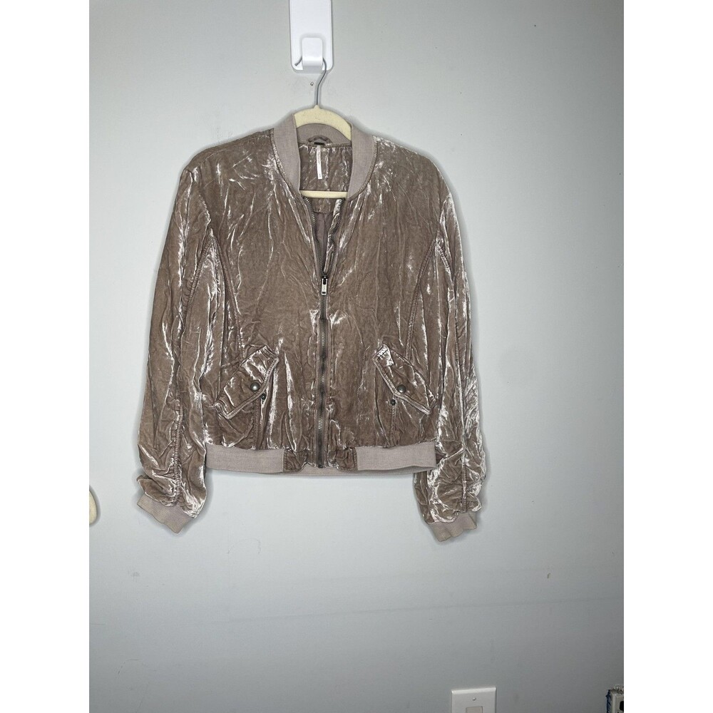 Free People Jacket Womens Small Stone Crushed Velvet Bomber Zip Pockets Ruched